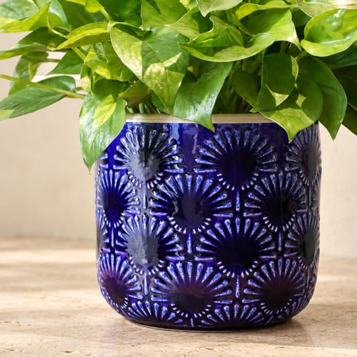 6.7" Modern Art Deco Ceramic Planter, Cobalt Blue Flower Pot Indoor/Outdoor - color: Blue
