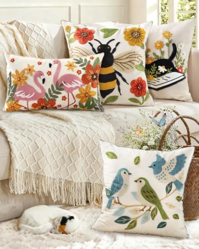 Animal Embroidered Lumbar Pillow Cover 20x12 Inch, Cat Floral - color: Cat Book, size: 20" x 12" (Pack of 1)