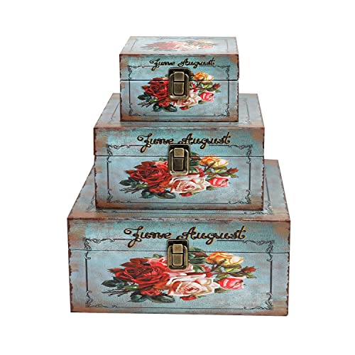 Jolitac Wood Storage Box Set of 3, Vintage Decorative Nesting Boxes Wooden Treasure Storage Crates With Latch, Home Decor Rustic Antique Boxes With Lid for Photos, Jewelry, Cash (Bloom) - color: Bloom