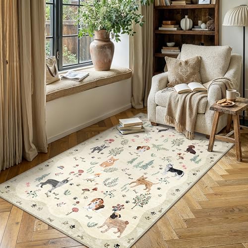 PureCozy Beige Washable Area Rug 4x6 for Kids Room Floral Animal Accent - color: Beige/Dog, size: 4' x 6' (Rectangular)