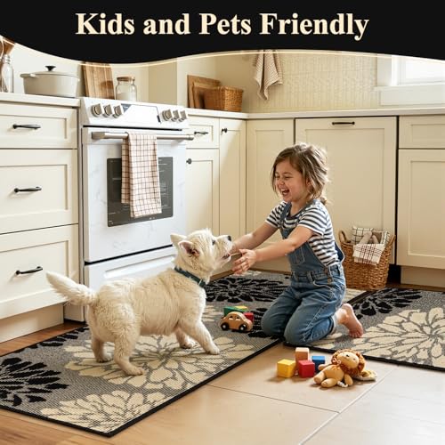 Findosom Kitchen Rugs Sets of 2, Floral Washable Kitchen Runner Rug, Black - color: Black/Beige, size: 24" x 36" + 24" x 60"