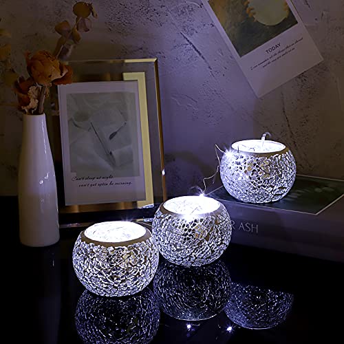 OwnMy 3PCS Mosaic Glass Tea Light Holders Round Bowl Votive Candle Holders - color: Silver