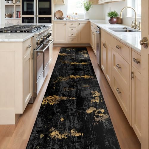 RELEANY Washable Runner 2'x8' Abstract Area Rug for Hallway Black Gold - color: Black/Gold, size: 2' x 8' (Runner)