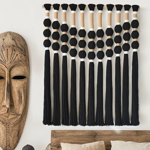 Macrame Wall Hanging Black Knot ball Fiber Wall Art Handmade 27"W*33"L - color: Black