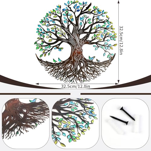 YIYA Metal Tree of Life Wall Decor, 12.8" Colorful Tree of Life Wall Art with Birds, Rustic Iron Wall Sculpture for Living Room, Bedroom, Bathroom, Boho Home Decor, Housewarming Gift(Green) - style: Blue Tree