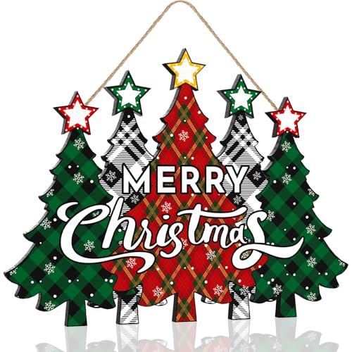 Wooden Merry Christmas Door Sign,Christmas Tree Door Wreath for Front Sign Wall Signs,Decoration Farmhouse Hanging Plaque,Hanging for Home Wall Decor Party(Red)