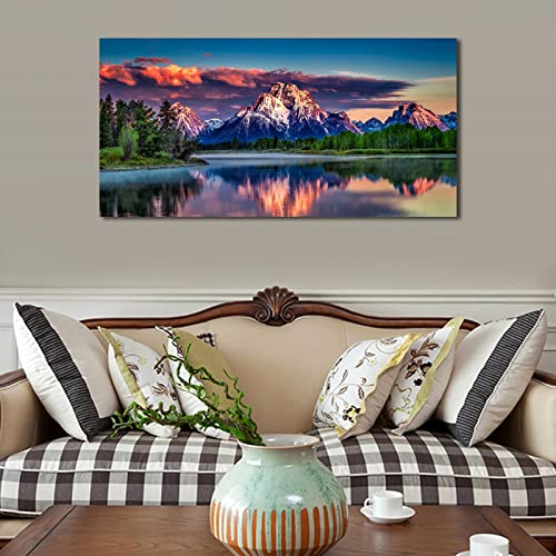 Sunset Landscape Canvas Wall Art for Living Room Grand Teton Wyoming National Park Picture Wall Decor Snake River Mountain Forest Nautre Prints Artwork Bedroom Bathroom Office Home Decor 29" X 58" - color: Sunset Mountain Lake, size: 58"L x 29"W