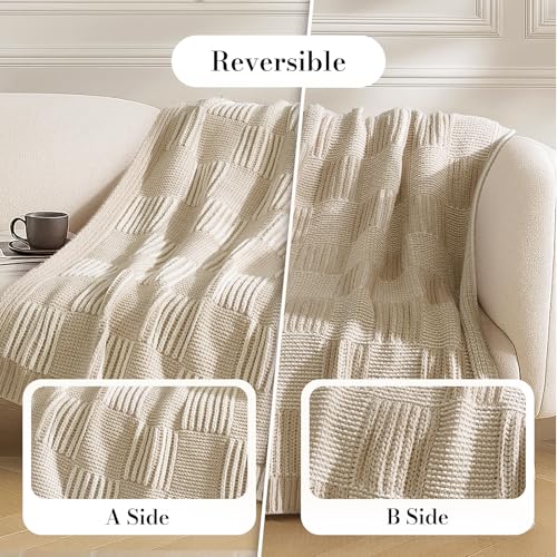Amélie Home Checkered Chenille Knit Throw Blanket for Bed, Beige 60"x80" - color: Checkered Beige, size: 60" X 80"
