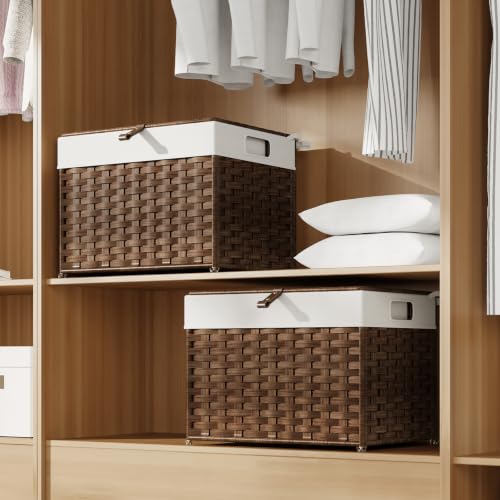 HOOBRO Storage Basket with Lid, 9.5 Gallon (35L) Wicker Basket, Handwoven Blanket Storage Basket with Handles, Metal Frame and Soft Lining, Foldable for Bedroom, Laundry Room, Brown BR334CW01 - color: Brown, size: 15.7"L x 11.4"W x 12.2"H