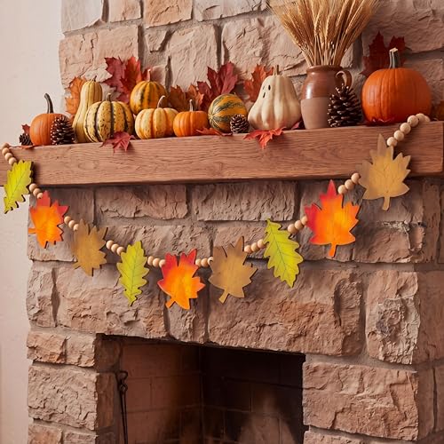 Qunclay 5.1ft Fall Wooden Leaves Garland with Bead Maple Leaves Banner