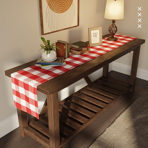 Encasa XO Table Runner, Woven Cotton Dining Linens 13"x72" Red - color: Buffalo Red Checks, size: 13x72 in