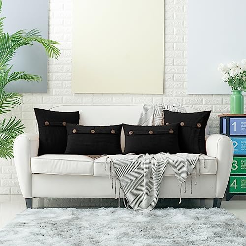 HWY 50 Black Chenille Throw Pillow Covers 16x16 Inch Buttons Pack of 2 - color: Black, size: 16" x 16" (Pack of 2)