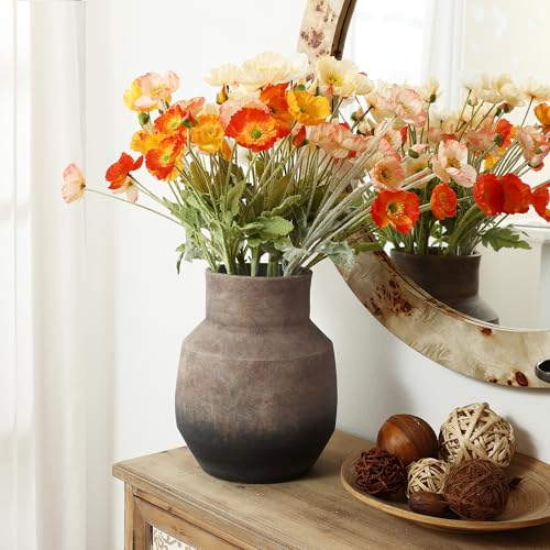 LuxenHome Rustic Ceramic Flower Vase, 11" Farmhouse Vintage Pottery Vases - color: Brown Round D