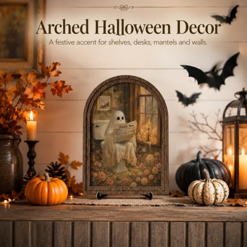 Vintage Ghost Bathroom Arched Wood Frame Tabletop Decor, Halloween Wall Art - color: Color 06