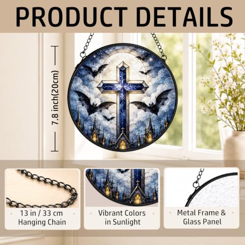 Gothic Cross Bat Moon Stained Glass Window Hanging Decor 575XT-BLGH - color: Crucifix-12