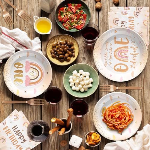 Greencian 96Pcs Isn't She Onederful Birthday Party Decorations, Serve 24 - style: Onederful 1st Kit