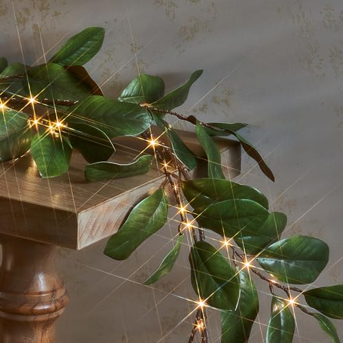 LITBLOOM Faux Magnolia Garland with Lights 6FT Battery Operated with Timer or USB Plug in, Lighted Greenery Garland with 80 Fairy Lights for Home Fireplace Mantle Holiday Decoration Inside - style: Magnolia