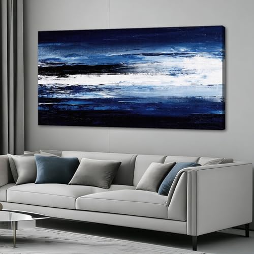 LKY ART Abstract Canvas Wall Art Blue and White Modern Seascape Wall Decor Ready to Hang for Bedroom Living room Office Dining Room Wall Decor 24"x48" - color: Dark blue, size: 48"L x 24"W