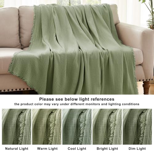 WDCOZY Muslin Blanket 100% Cotton Blankets Twin Size 4-Layer Breathable Lightweight Soft for Couch Boho Farmhouse Linen Tassels Ruffle Gauze Blankets 60x80 Inches Sage Green - color: Sage Green, size: Twin (60"x80")