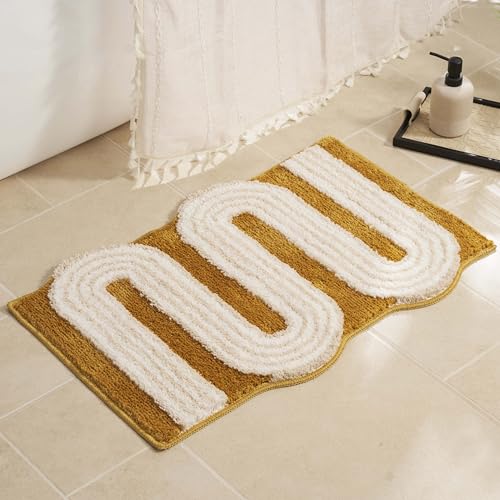 Unique Boho Bathroom Rugs, Cute Bath Mat with Funky Design, Fun Bohemian Decor for Bathroom Bedroom, Machine Washable Soft Non-Slip Bath Rug, 30" X 20", Mustard Yellow - color: Yellow, size: 1'8" x 2'6" (Rectangular)