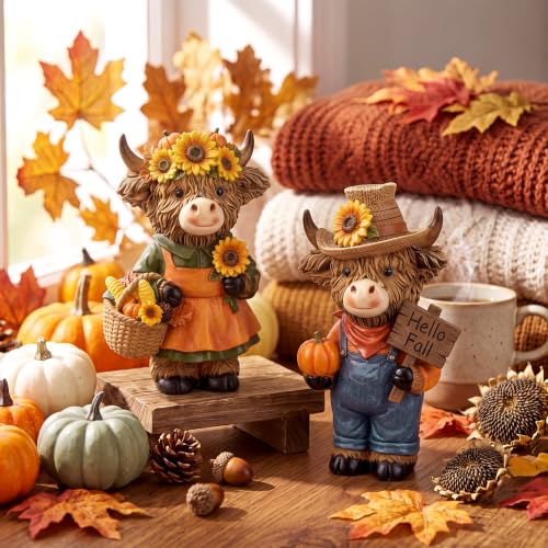 2 Pcs Fall Highland Cow Figurines Gifts, Resin Table Decor - style: Hello Fall
