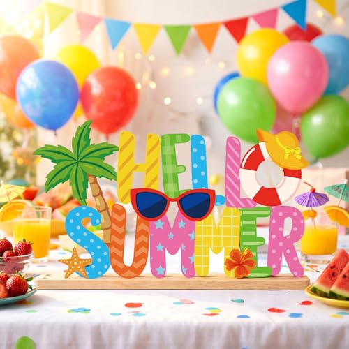 Roowest Metal Hello Summer Tabletop Sign Summer Table Decor with Wood Base - style: Summer
