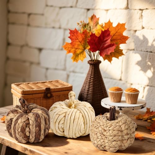 Lulu Home Set of 3 Handwoven Pumpkins Decor - color: Cream & Brown Blend
