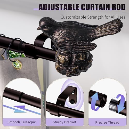 Curtain Rod 36 to 168 Inches Vintage Oil Bronze Curtain Rods for Windows Adjustable Drapery Rod with Bird Finials Heavy Duty Window Brown Curtains Rods for Living Room Bedroom - color: Vintage Oil Brown, size: 36"-168"