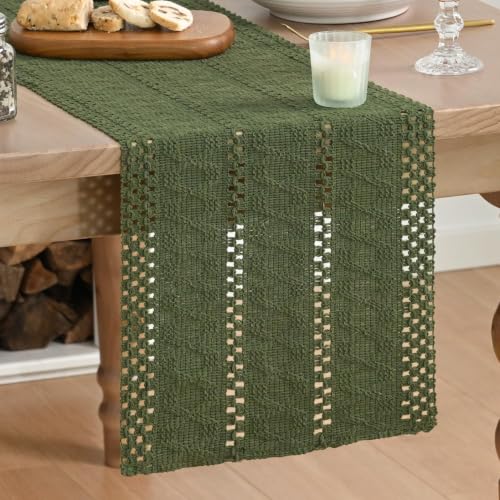 Artoid Mode Army Green Woven Farmhouse Hollow Table Runner 12x36 Inch - color: Army Green, size: 12" x 36", Table Runner