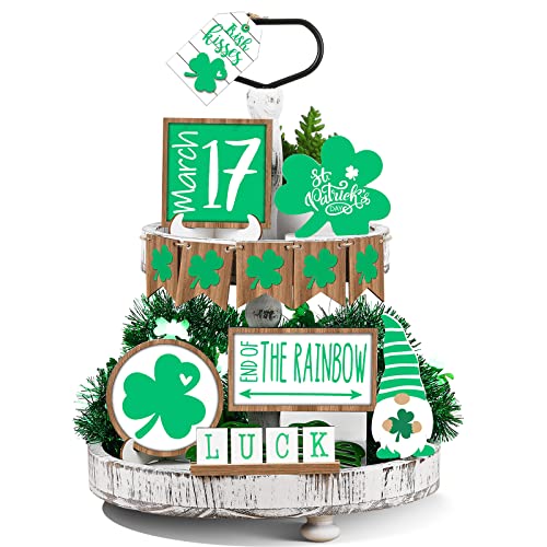 Jetec 12 Pcs St. Patricks Day Tiered Tray Decor Trefoil Shamrocks Wooden Gnomes Green Lucky Shamrocks Tiered Trays Table Signs for Irish Party St. Patrick's Day Tree Decorations - style: Trefoil