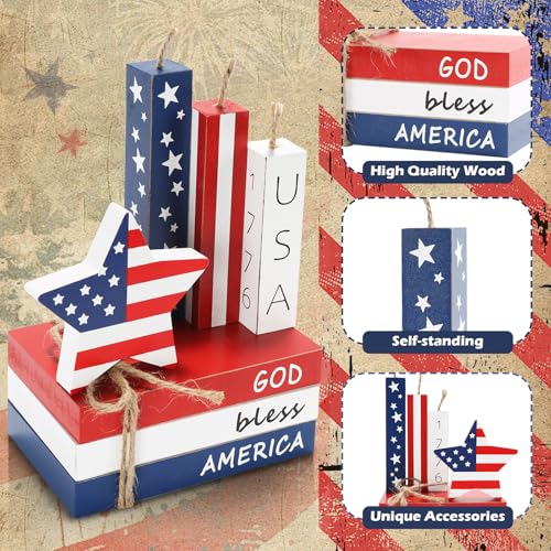 4th of July Decorations Wood Faux Book Stack with Star Firecracker Sign - color: Faux Book and Firework