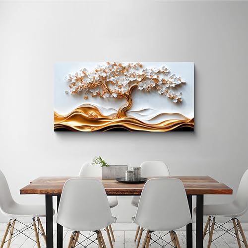 White Gold Tree Of Life Canvas Wall Art Decor For Living Room 24*48 Inch - color: KA-6F, size: 48"L x 24"W