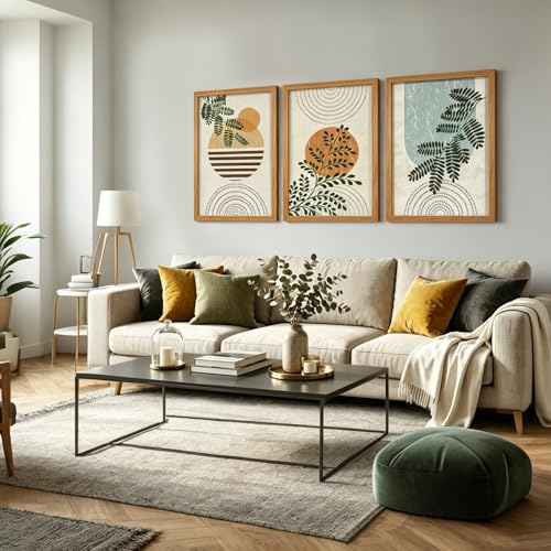 HCJWCXD Boho Plant Wall Art Set of 3 Framed Canvas Prints 12x16 Inch - color: Green Leaves and Rising Sun, size: 12x16 Inches