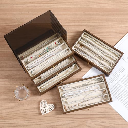CLUQMEIK 5 Layer Necklace Jewelry Box, Vintage Wooden Jewelry Box with Acrylic Cover Stackable Necklace Storage Organizer for Women and Girls to Storing Necklaces - color: N, size: 5 Drawer