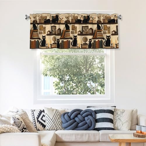 Cats on Bookshelf Abstract Valances for Windows Rod Pocket Curtain Valance 1 Panel Short Curtains for Kitchen Bathroom Living Room Bedroom Window Treatments - color: Cats on Bookshelf