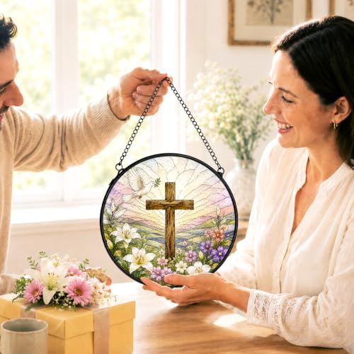 Christian Cross Stained Glass Window Hanging Decorations 7.9x7.9 - color: Crucifix-1