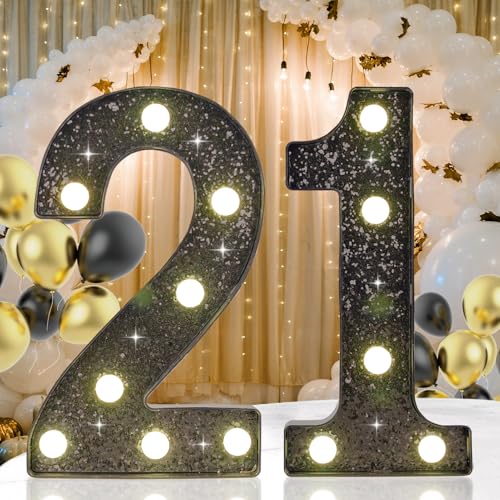 Black Glitter LED Marquee Number 21, Warm White Light Decor Sign - size: Number-21