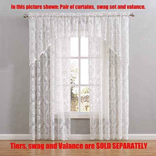 LinenZone 96 Inch Sheer White Lace Curtains. (Fiona, 54 x 96 White) - color: White, size: 54"W x 96"L (Pack of 2)