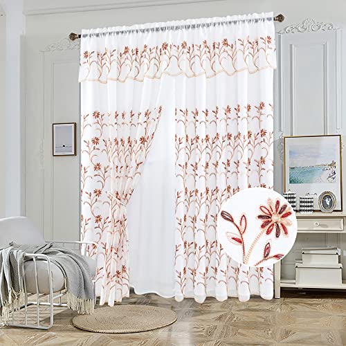 OPT Brand. 2 Layers One Panel Voile Sheer Embroidered Rod Pocket Window Curtain Panel and Valance 81063 (Burgundy) - color: Burgundy