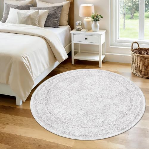Round Rugs 4ft Vintage Floral Small Circle Rug, Washable Non Slip Soft Low Pile Stain Resistant Carpet for Living Room Bedroom Entryway Dining Room (FloralGrey, 4' Round) - color: Floral Grey, size: 4' (Round)