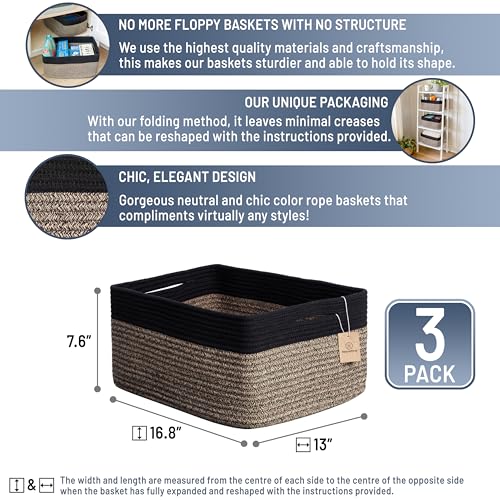 NaturalCozy Storage Baskets 16.8”x13”x7.6” Cotton Rope Woven Baskets for Organizing 3-Pack | Toy Storage Bins | Basket for Shelves, Laundry, Blanket, Clothes, Closet, Kitchen, Bathroom, Gifts - color: Black & Mixed Black