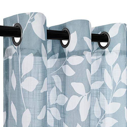 Blue White Leaf Semi Sheer Curtains for Kitchen Window Panels 52x54"L 2pcs - color: Blue, size: 52"W x 54"L (Pack of 2)