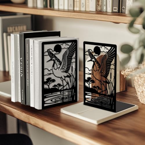 Peacoblue 5.3"x4.3"x7.9" Metal Bookends, Heavy Duty Book Ends for Shelves - style: Cranes by Pond with Reeds