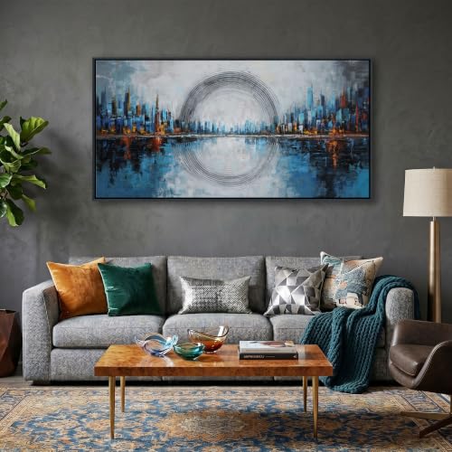 Abstract Blue Canvas Wall Art New York City Skyline Wall Decor for Living Room Oversized Cityscape Decor Pictures for Bedroom or Office Walls Framed Modern Artwork for Walls 20×40IN - color: Navy, size: 40"L x 20"W