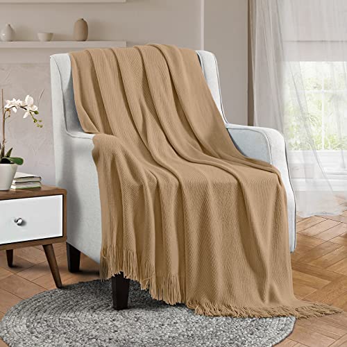 Vonty Light Brown Knitted Blanket with Tassels Fringe 50" x 60", Super Soft Knit Throw Blanket, Farmhouse Decorative Lightweight Blanket for Couch, Sofa, Bed - color: Camel Brown, size: 50" x 60"