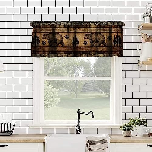 Retro Bear Curtain Valances,Rustic Woodland Wild Animal Rod Pocket Window Valance,Farmhouse Stone Wall Wooden Board Print Blackout Short Topper Curtain for Living Room Kitchen,54x18in - color: Bear-2