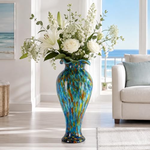 20" Tall Hand Blown Glass Vase – Pretty Ruffle Wide Mouth Decorative Flower Vase, for Modern Home Decor, Ideal Centerpiece for Living Rooms, Wedding & Home Decor - color: Aqua Fusion, size: Large