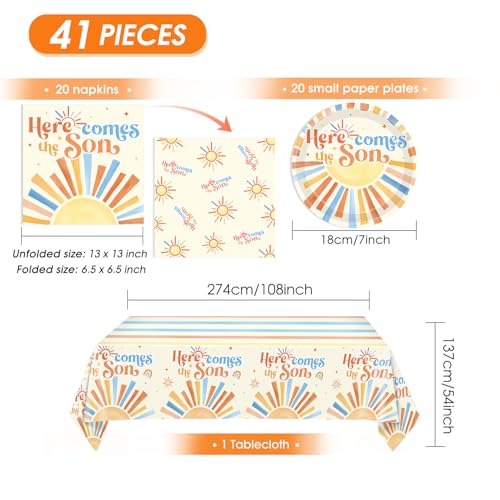 Here Comes The Son Baby Shower Decorations,Boho First Trip Around The Sun Party Supplies,Disposable Dessert Plate,Napkin,Tablecloth for It's A Boy Gender Reveal,Sun You Are My Sunshine Baby Shower - color: Son Baby Shower