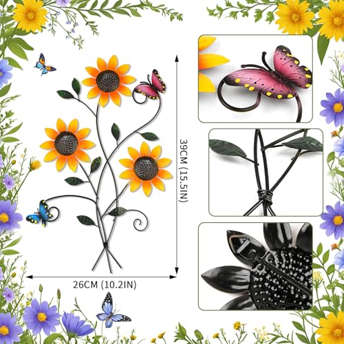 Metal Sunflower Wall Decor with Butterfly 3D Colorful Outdoor Wall Art - color: yellow
