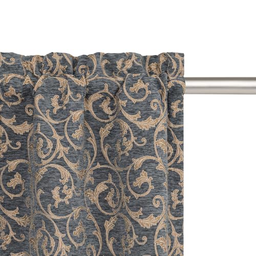Loom and Mill Chenille Damask Valances for Windows, Blue-Grey+Khaki,54"x18" - color: Blue-grey+khaki